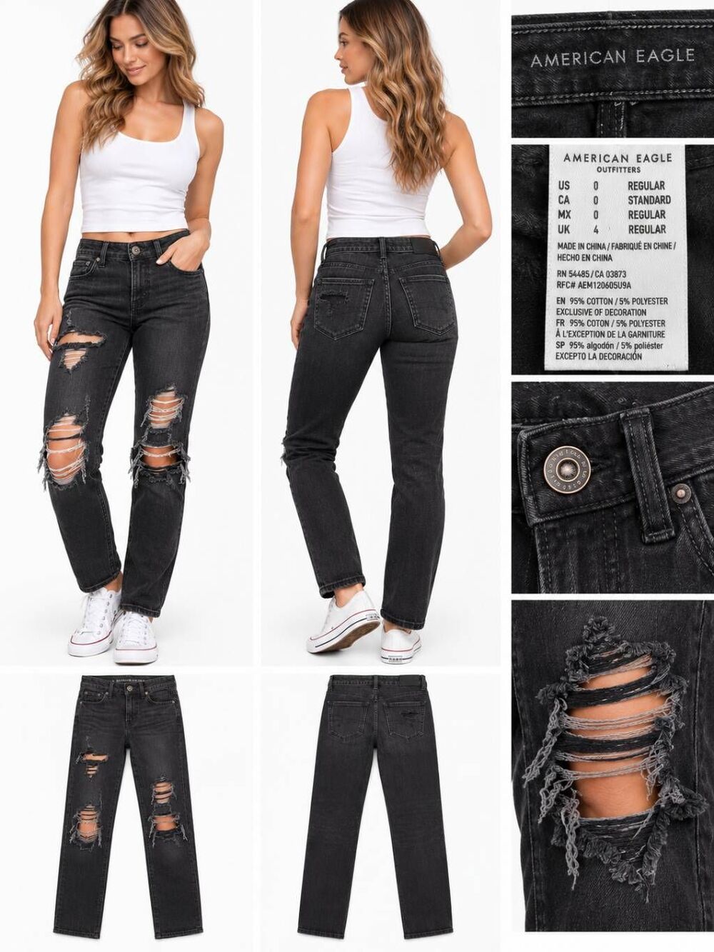 American Eagle Mom Jeans Women’s Size 0 Regular Black Distressed Ripped High Ris